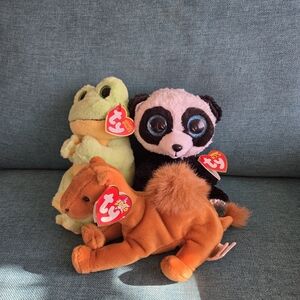 Ty Plush Trio - Green Frog, Panda, and Camel